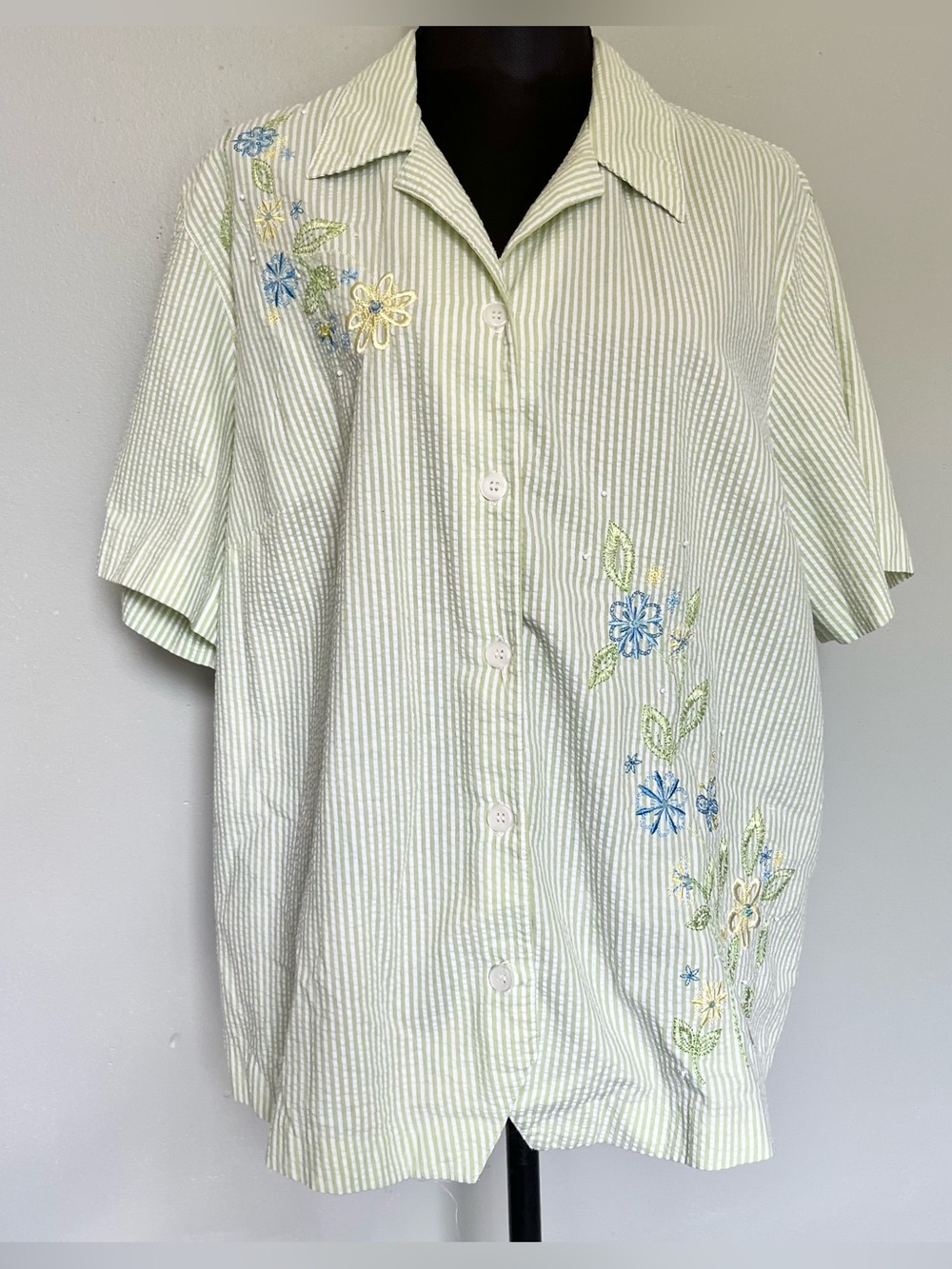 Green and white striped floral embroidered button down shirt - Picture 1 of 7